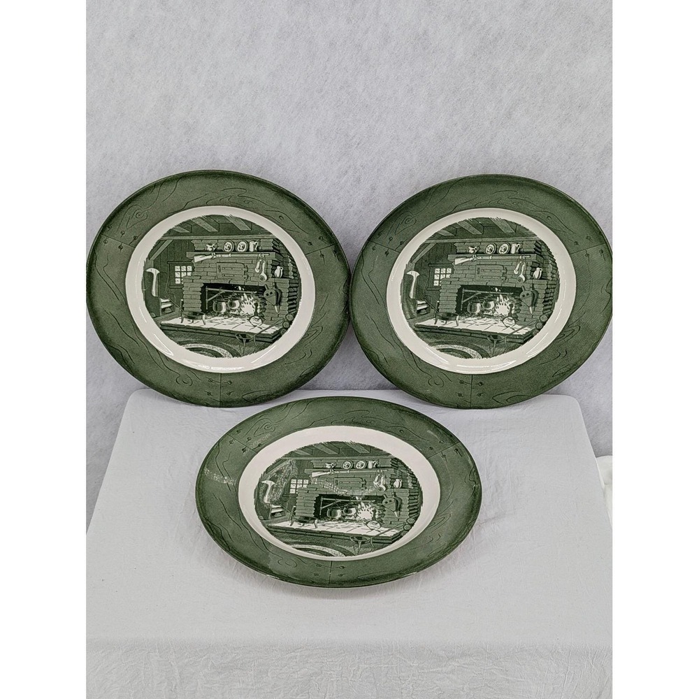 3 Plates Vintage Royal Colonial Homestead Green White Cabin Hearth Fireplace 10"